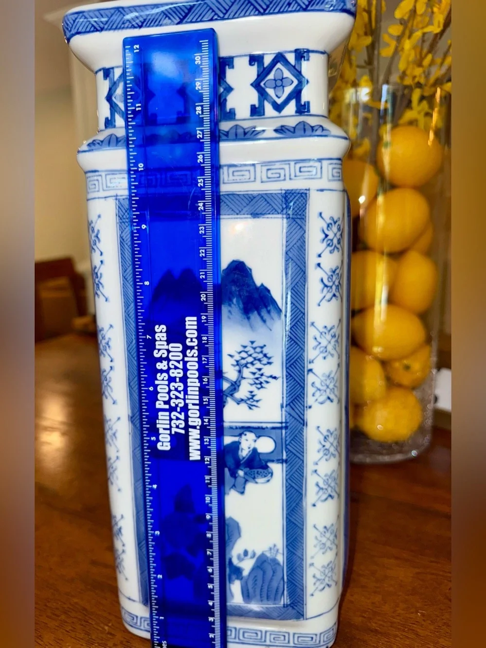 Vintage Chinoiserie Blue White Tall Vase Original Bombay Co Tag MINT Qianlong